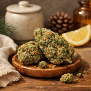 Fleur CBD AK-47 séchée avec résine brillante sur fond en bois clair