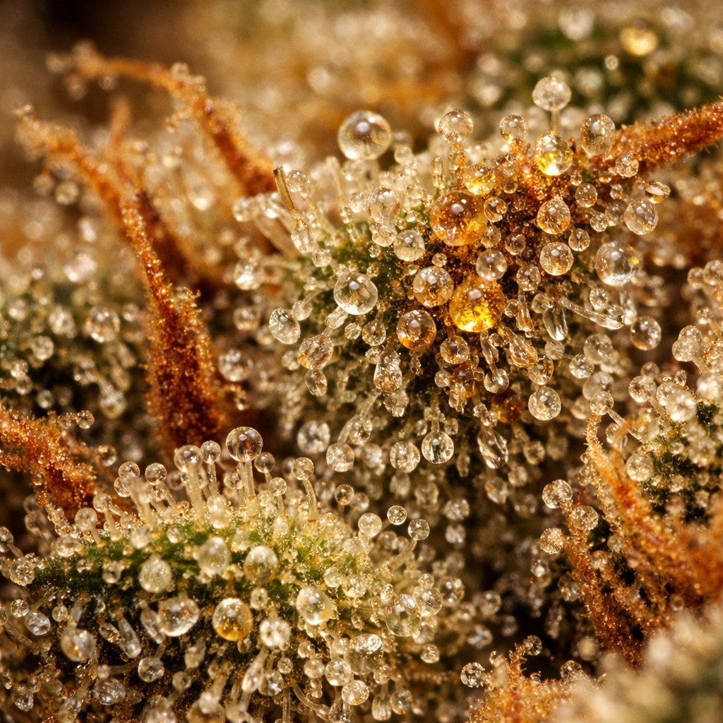 Macro trichomes résineux sur fleur AK-47 CBD avec détails cristallins