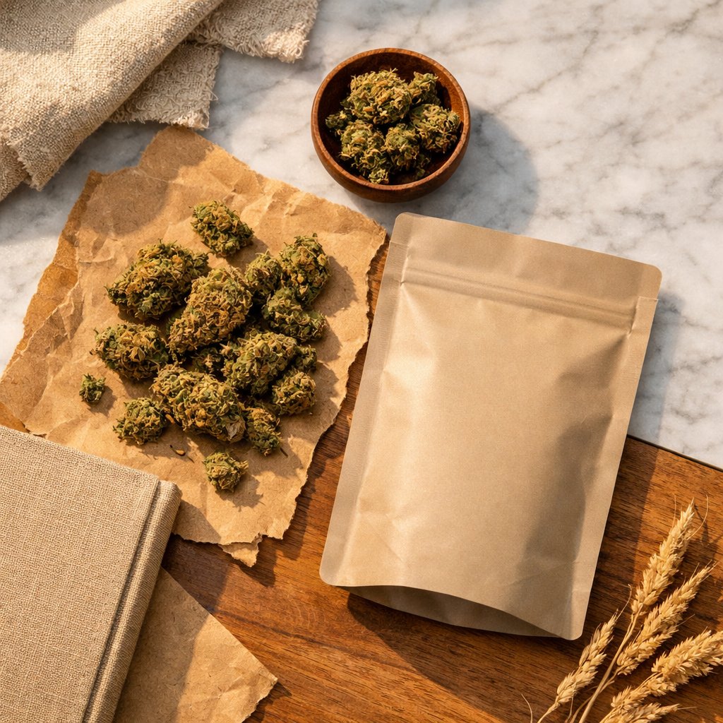 Mise en scène flat-lay de fleur AK-47 CBD avec packaging mat et accessoires naturels