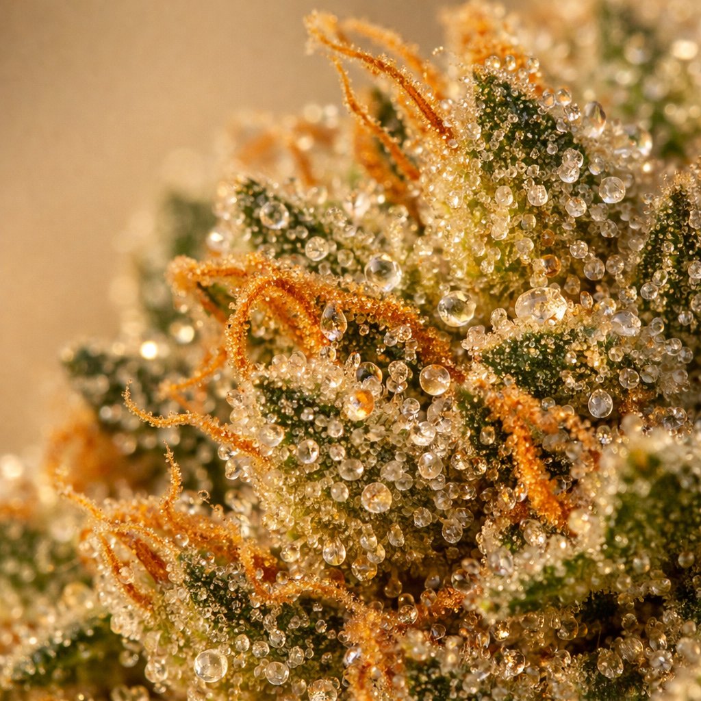 Macro détaillée des trichomes et résine d’une fleur CBD