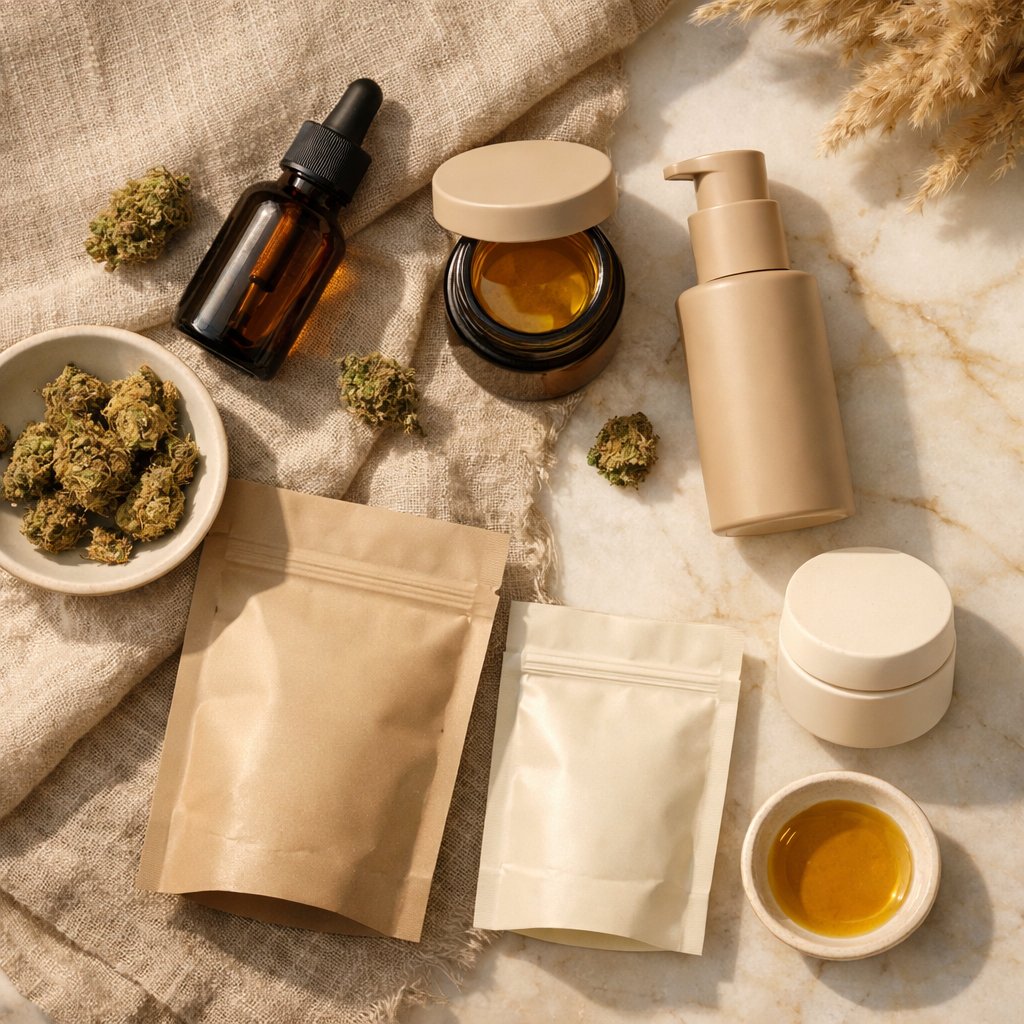Vue zénithale de produits CBD variés sur surfaces marbre et lin