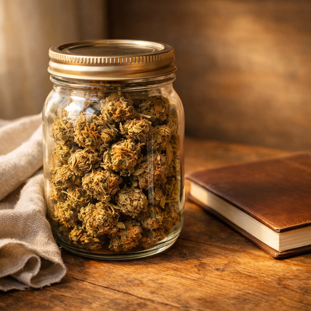 Scène ambiante avec un pot en verre rempli de fleurs CBD séchées sur un bois clair et lin