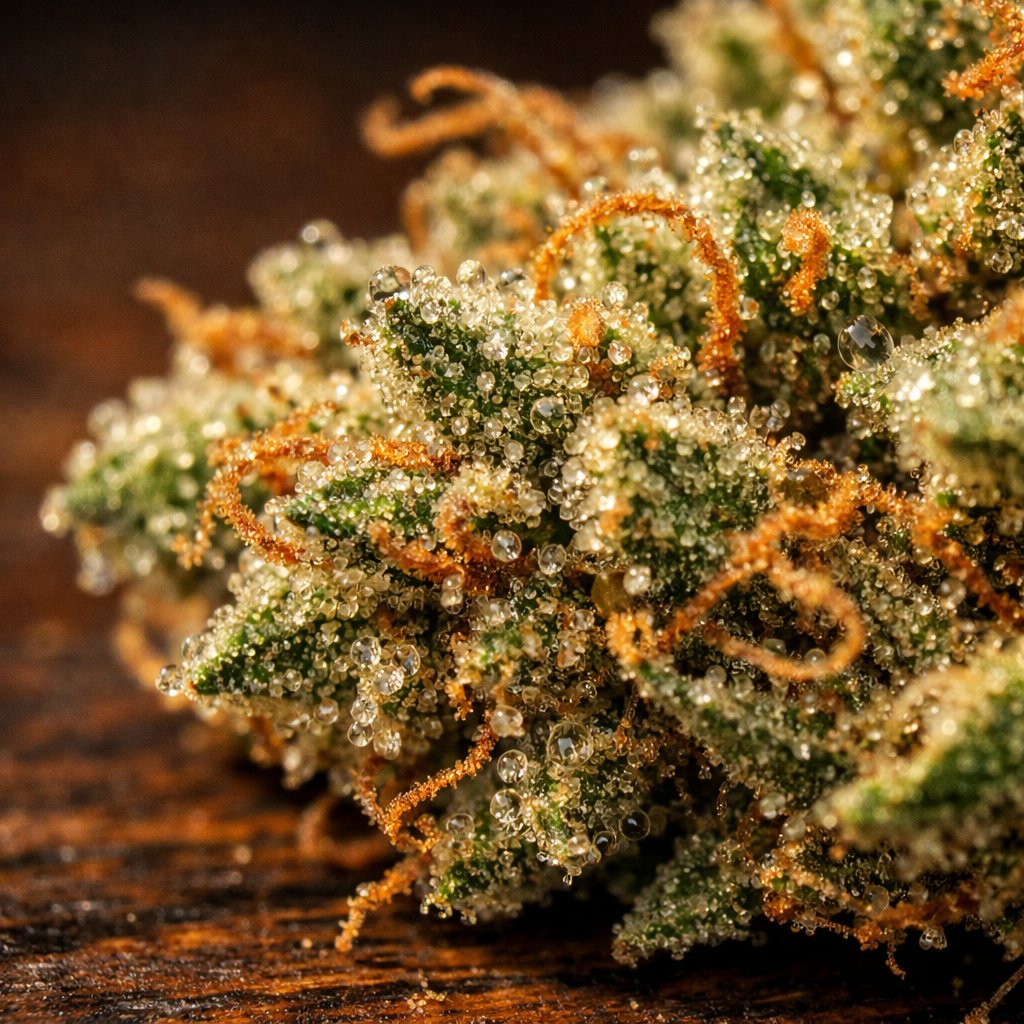 Détail macro des trichomes et résine sur une fleur CBD séchée