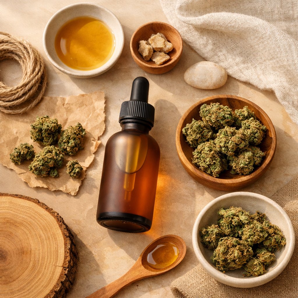 Composition flat-lay de produits CBD avec fleurs séchées et flacon huile sur bois et lin