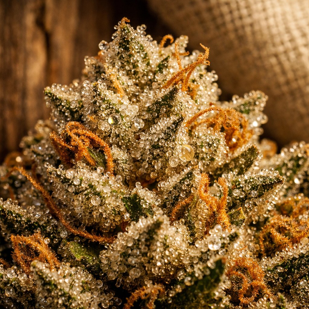 Gros plan sur trichomes cristallins et résine d’une fleur CBD indoor