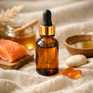 Flacon d’huile CBD ambrée sur tissu naturel avec nuances dorées et ambiance douce