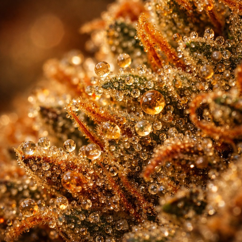 Macro des trichomes et résine d'une fleur de chanvre séchée