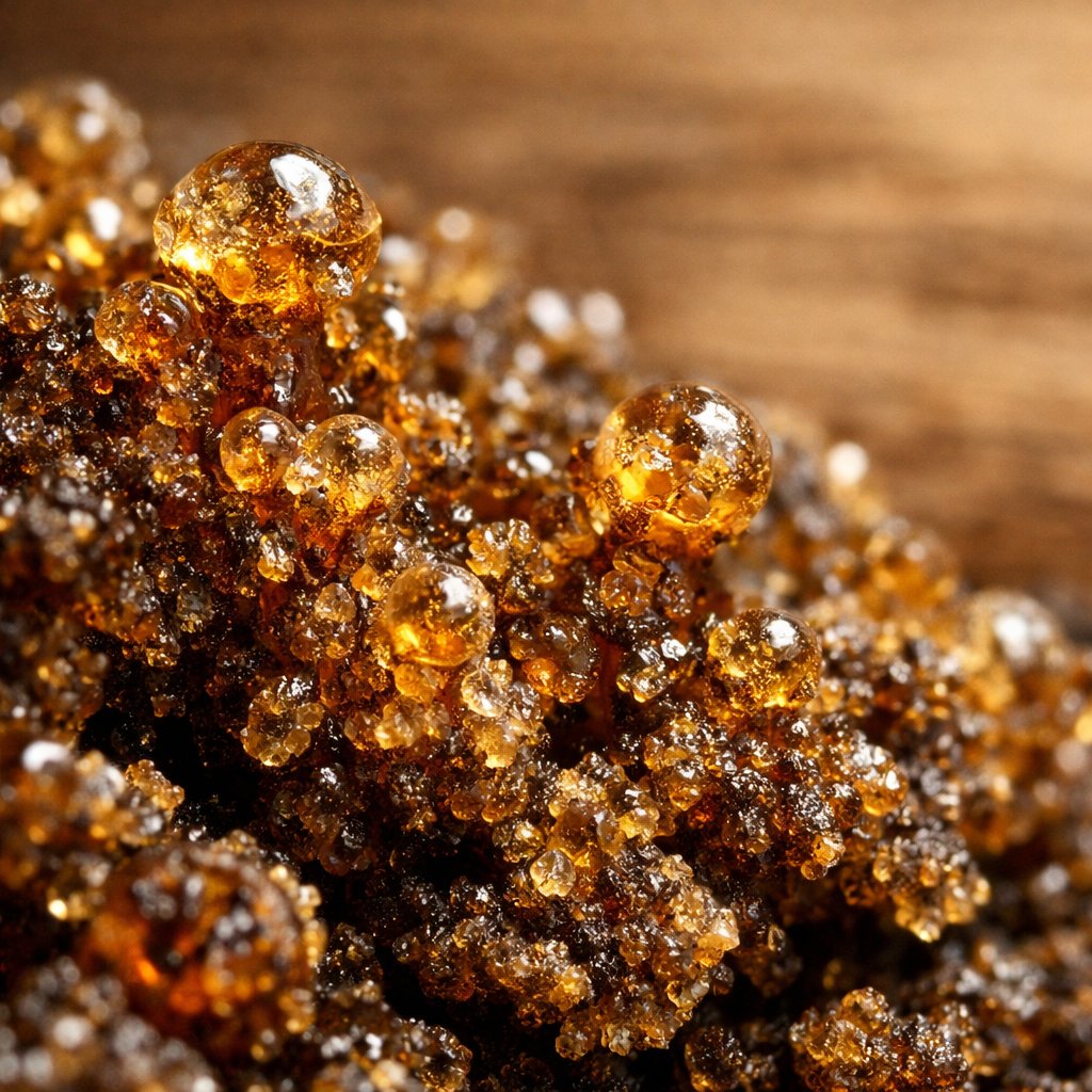Détail macro des trichomes sur une résine de hash CBD sombre