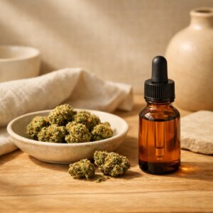 Scène éditoriale de fleurs CBD et huile sur bois naturel