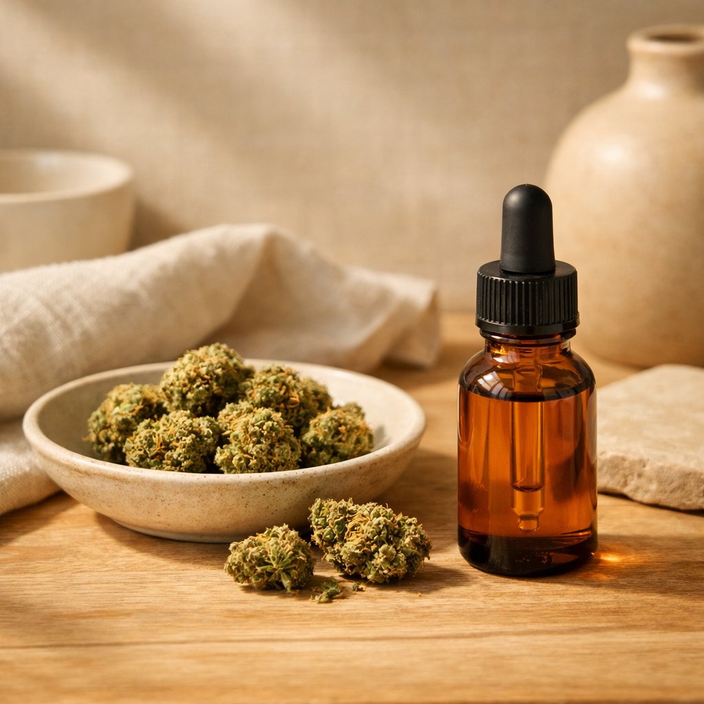 Scène éditoriale de fleurs CBD et huile sur bois naturel