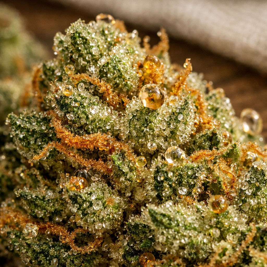 Détail macro des trichomes sur fleurs CBD séchées