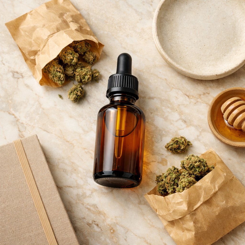 Flat-lay avec flacon d'huile CBD et fleurs en emballage kraft