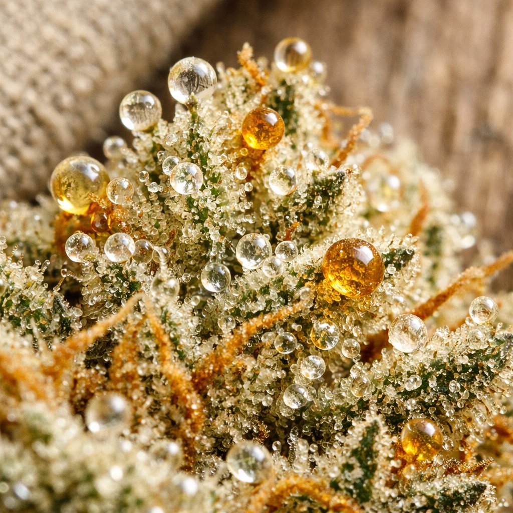 Macro des trichomes et résine sur une fleur CBD Promonatura