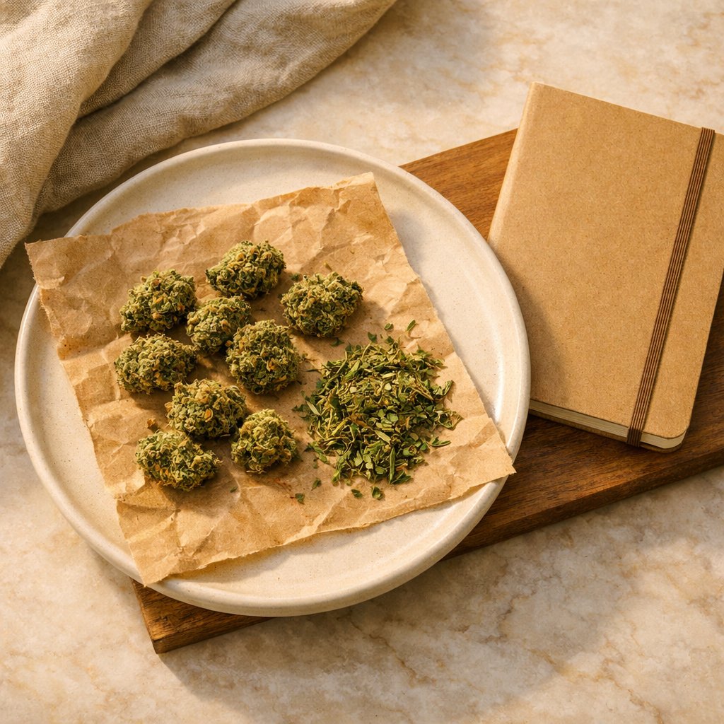 Bodegon zenithal small buds et trim CBD Promonatura avec accessoires lifestyle neutres