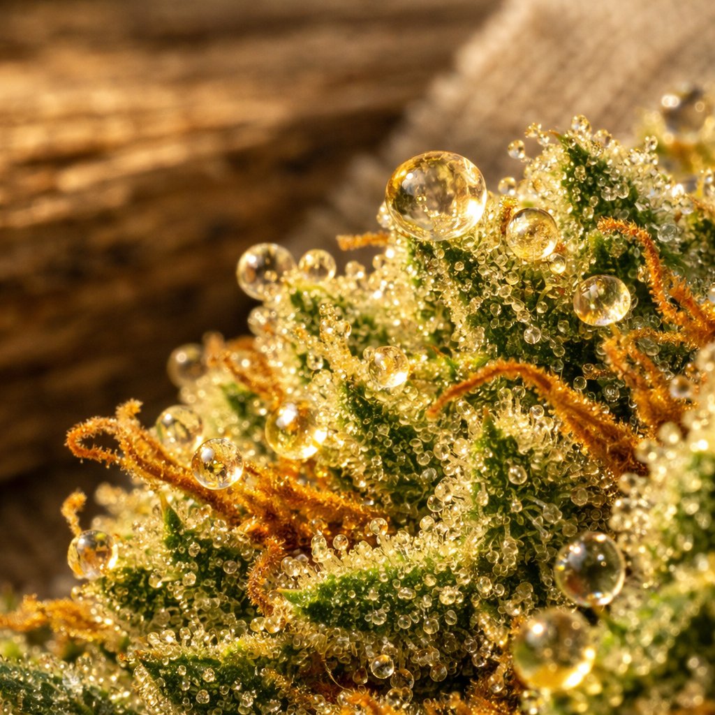 Macro détail trichomes résine Amnesia CBD sur fleur séchée