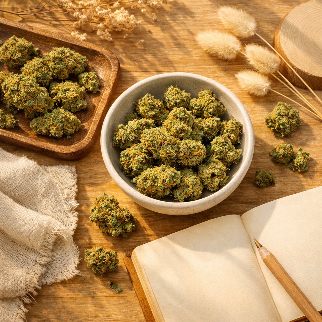 Composition flat-lay avec fleurs Amnesia CBD et accessoires naturels