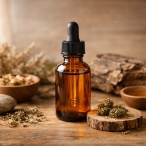 Flacon en verre ambré d’huile CBD pour animaux avec éléments naturels en bois et herbes sèches