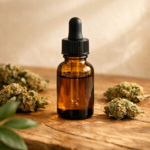 Bouteille d'huile CBD pour chats sur bois naturel avec fleurs de chanvre séchées
