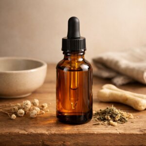 Bouteille d'huile CBD pour chien sur bois naturel avec accessoires neutres