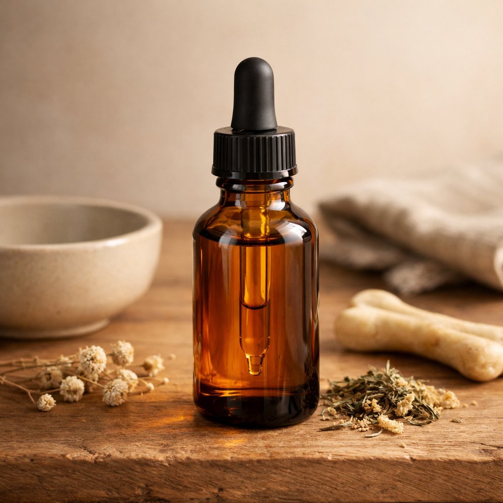 Bouteille d'huile CBD pour chien sur bois naturel avec accessoires neutres