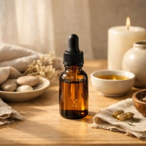 Flacon d'huile CBD posé sur une table en bois clair au soleil du matin
