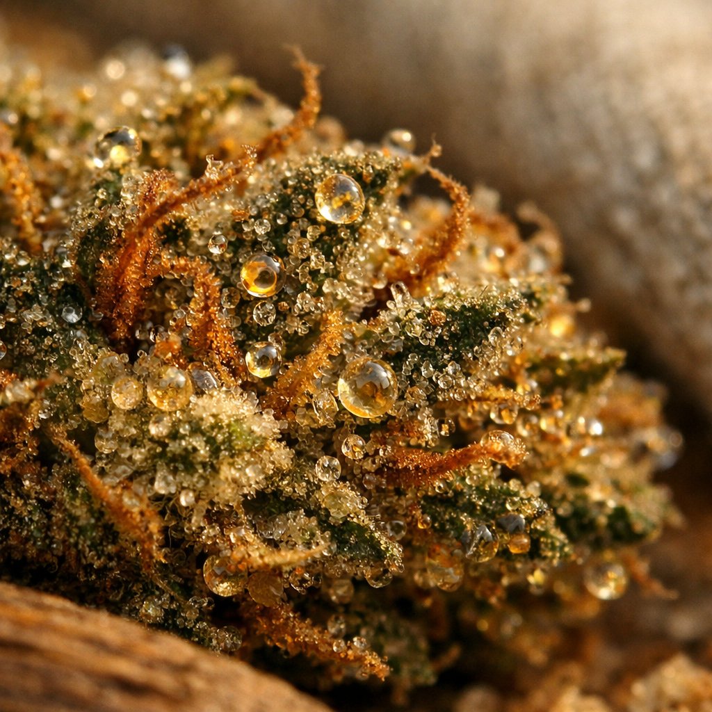 Macro des trichomes sur une fleur CBD séchée