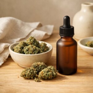 Fleurs de CBD séchées et flacon d'huile sur surface en bois clair
