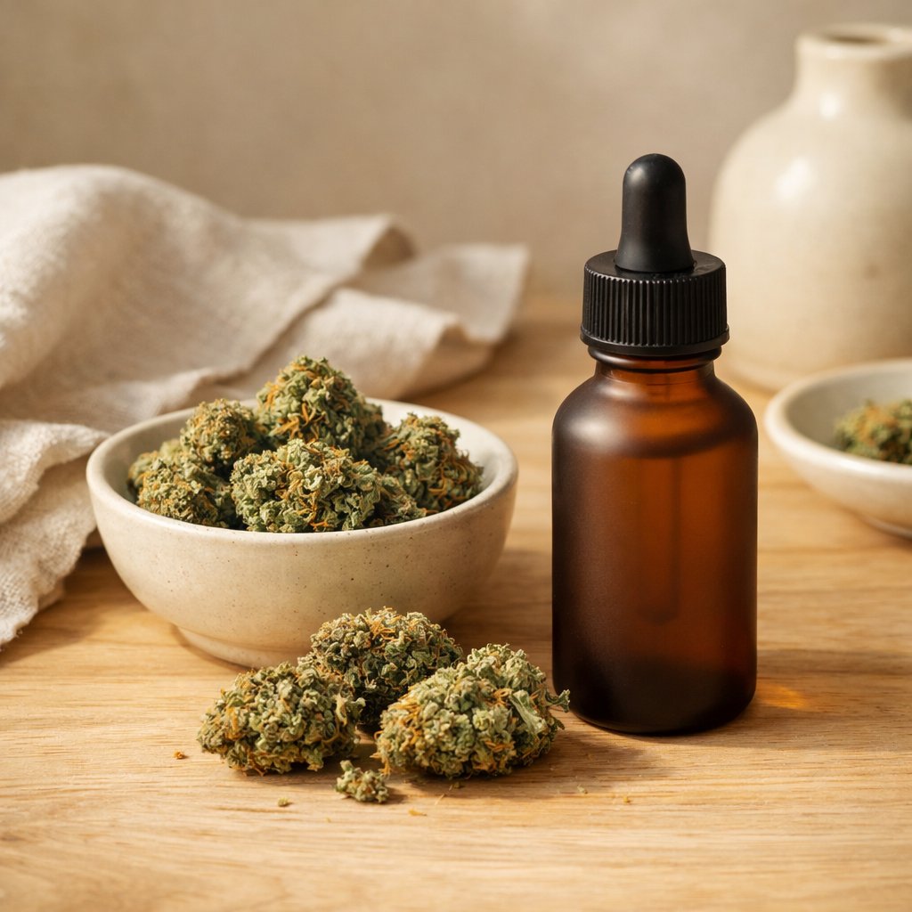 Fleurs de CBD séchées et flacon d'huile sur surface en bois clair