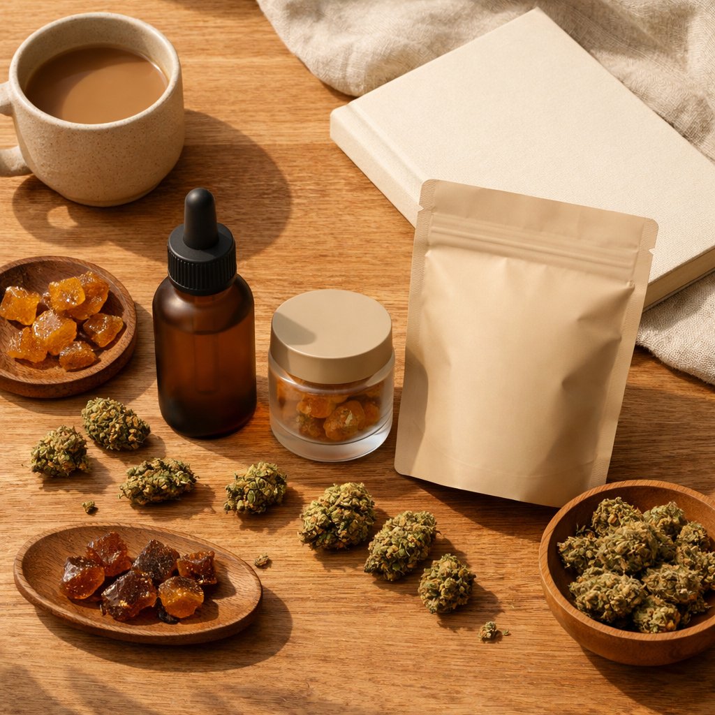 Composition flat-lay de produits CBD sur bois et lin