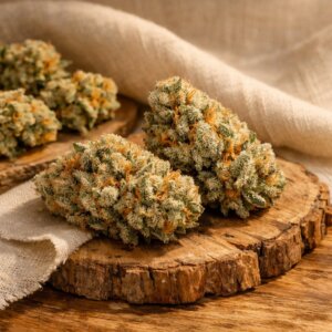 Fleurs séchées de CBD Cinderella avec trichomes cristallins sur bois naturel
