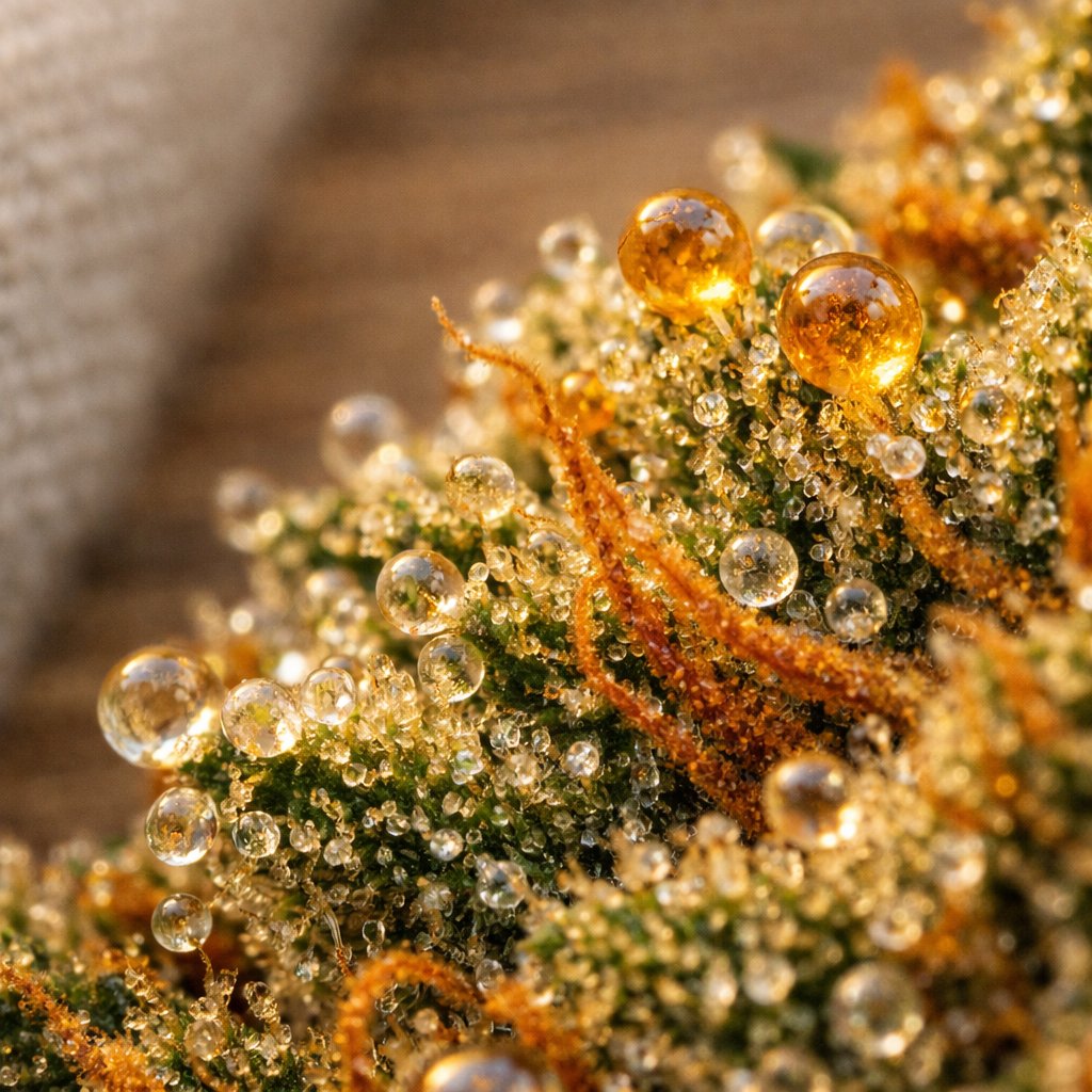 Macro trichomes résineux sur fleur CBD Cinderella