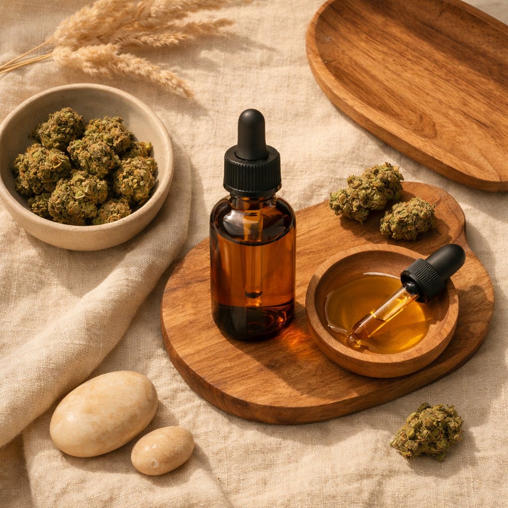 Bodegón zenithal avec fleur CBD Cinderella et accessoires naturels