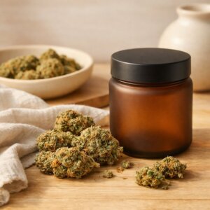 Fleurs de CBD séchées et pot en verre mat sur bois clair avec linge naturel