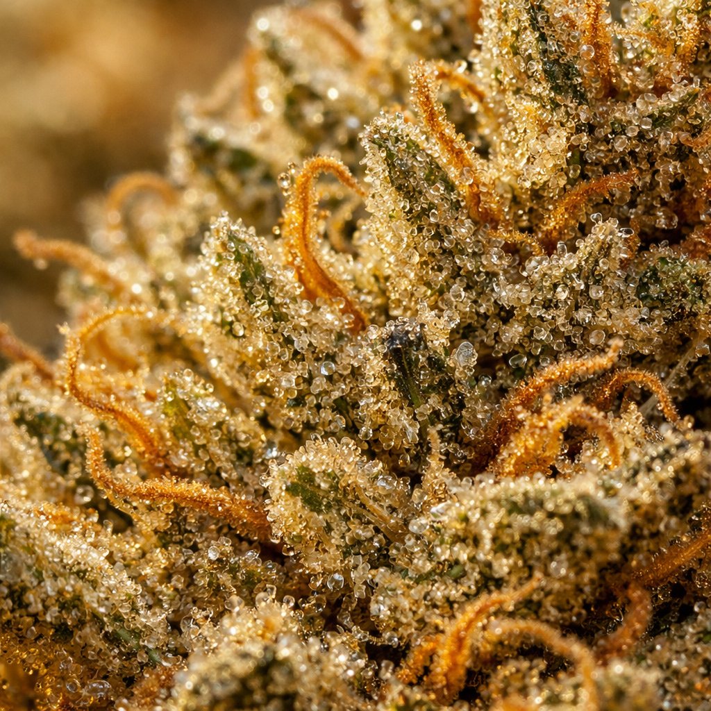 Gros plan sur les trichomes résineux d'une fleur de CBD séchée