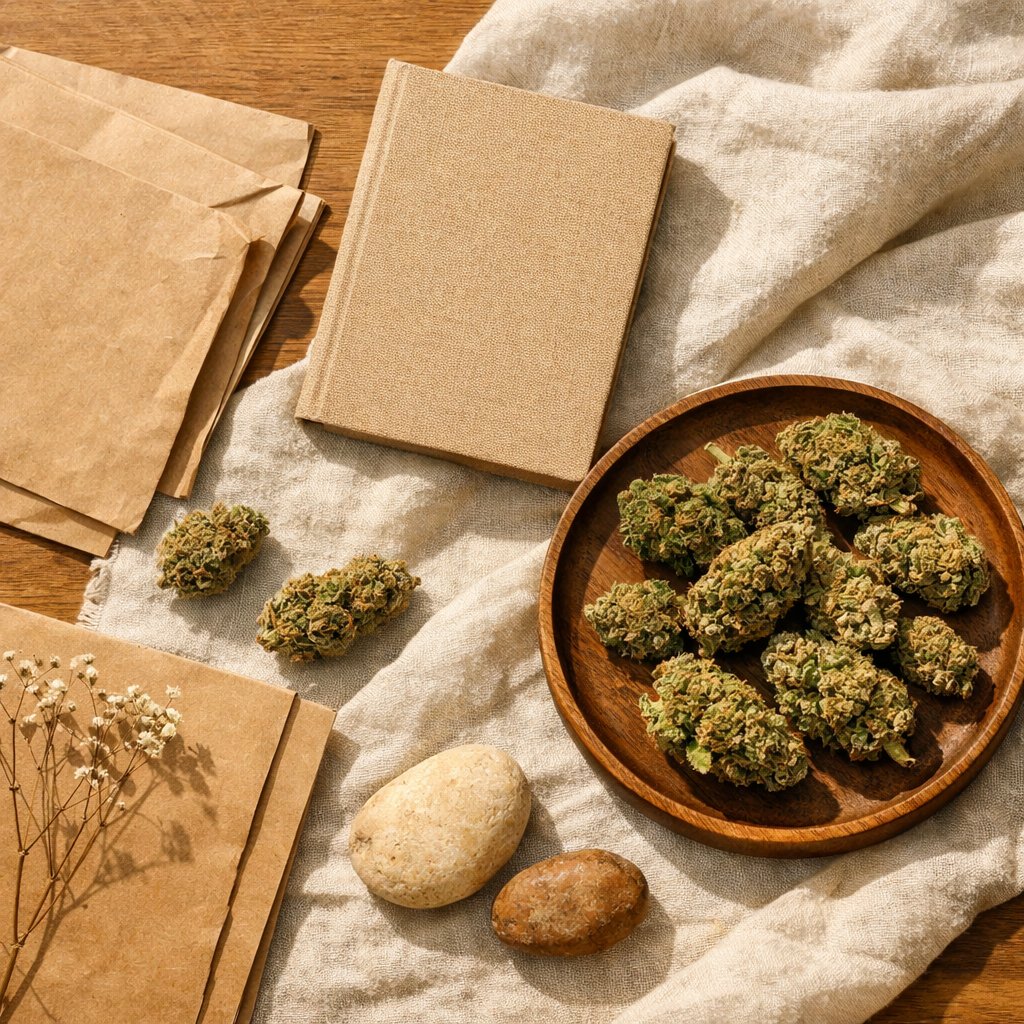 Vue zenithale de fleurs de CBD avec accessoires naturels sur bois