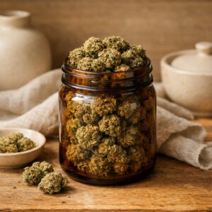 Fleurs CBD séchées dans un bocal en verre ambré sur bois naturel