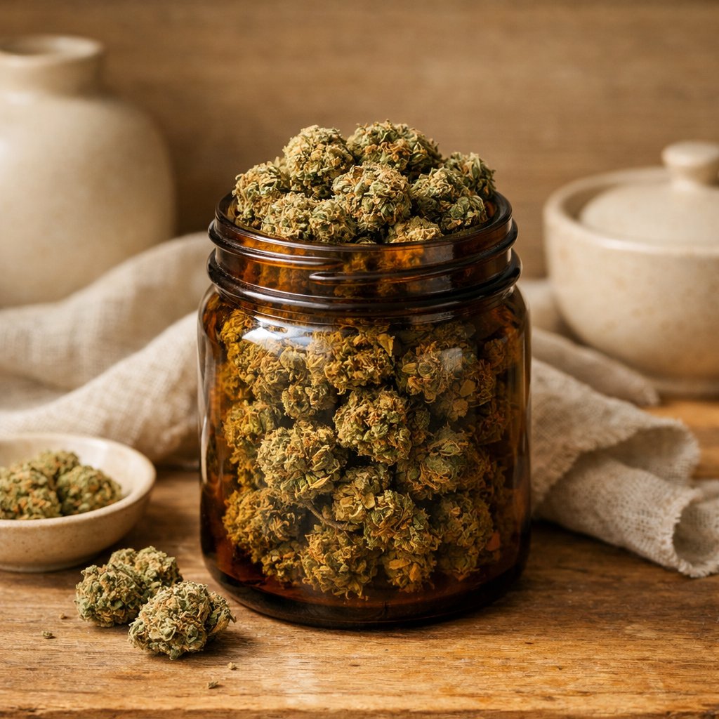 Fleurs CBD séchées dans un bocal en verre ambré sur bois naturel