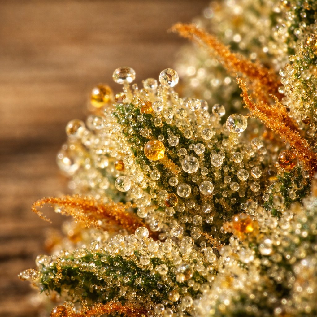 Détail macro des trichomes et résine sur fleur CBD