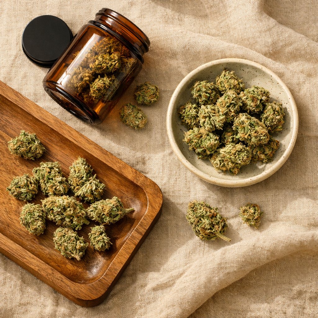 Vue zénithale de fleurs CBD avec bocal en verre et accessoires naturels