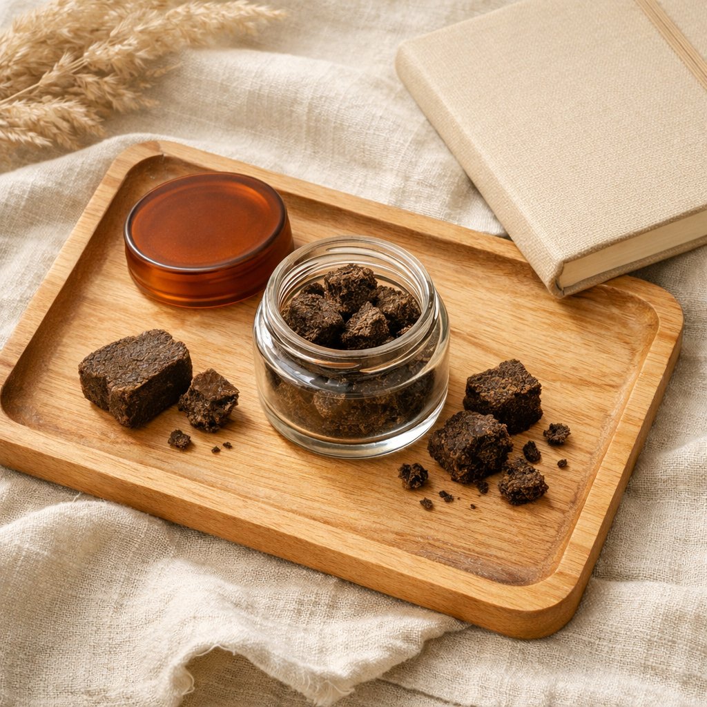 Flat-lay de hash CBD avec accessoires lifestyle neutres