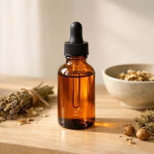 Flacon en verre ambré d’huile CBD sur table en bois clair avec éléments naturels