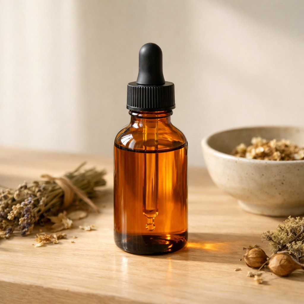 Flacon en verre ambré d’huile CBD sur table en bois clair avec éléments naturels