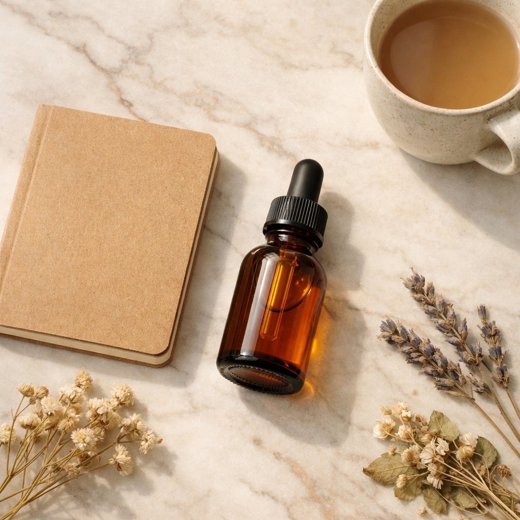 Vue zénithale d’un flacon d’huile CBD sur marbre avec carnet kraft et éléments déco