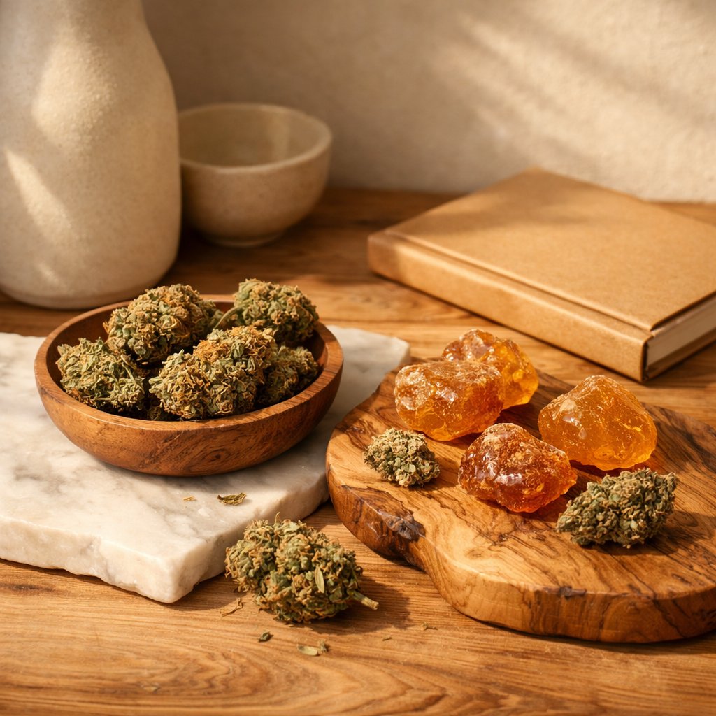 Composition éditoriale de fleurs séchées CBD premium et résine sur bois naturel et marbre