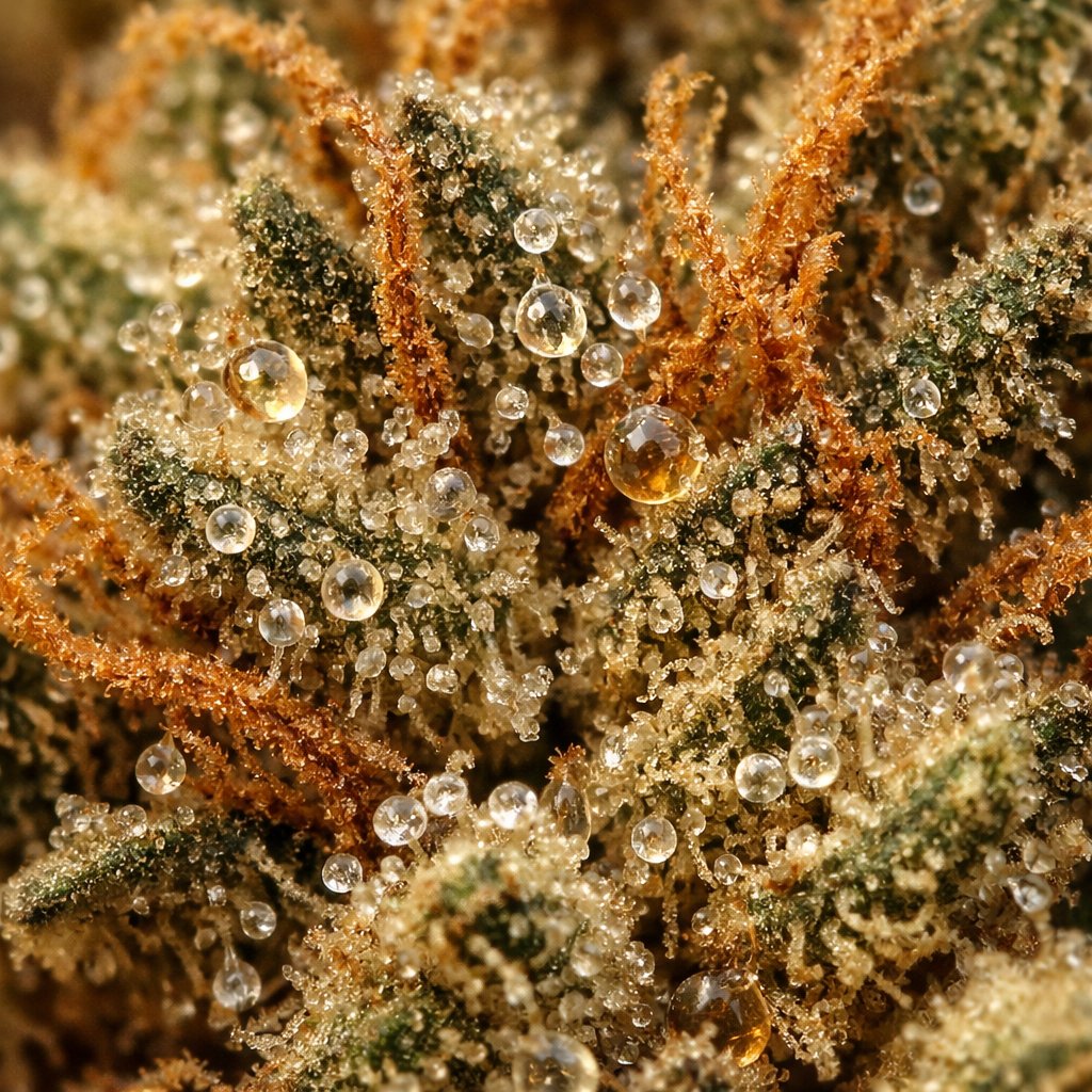 Détail macro des trichomes et résine sur fleur CBD séchée