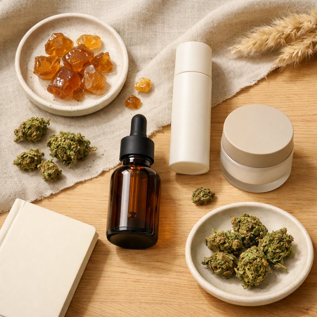 Bodegón zénithal de produits CBD avec emballages mats et accessoires lifestyle neutres