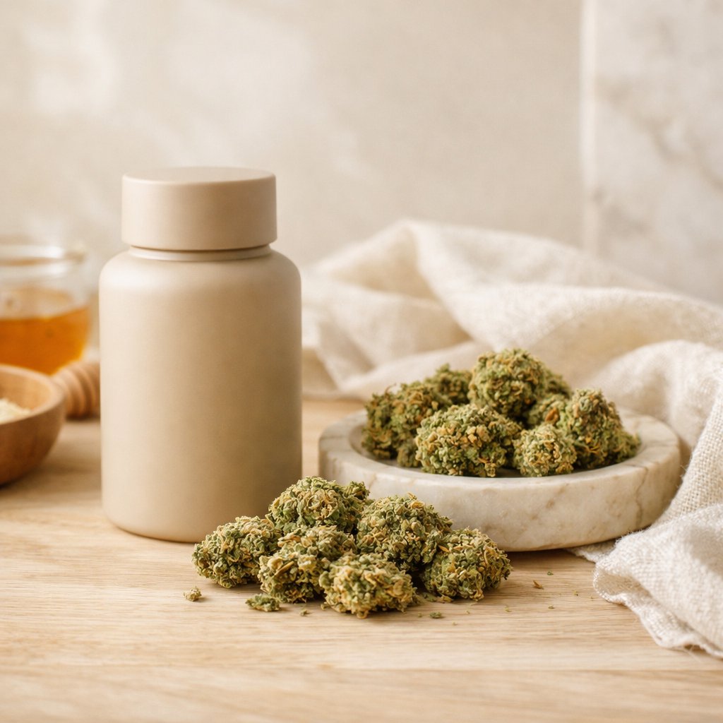 Scène ambiante avec fleurs CBD séchées et flacon mat sur bois clair