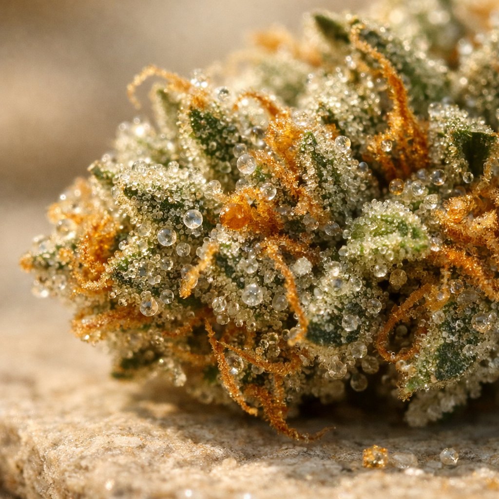 Gros plan macro sur trichomes et résine de fleur CBD