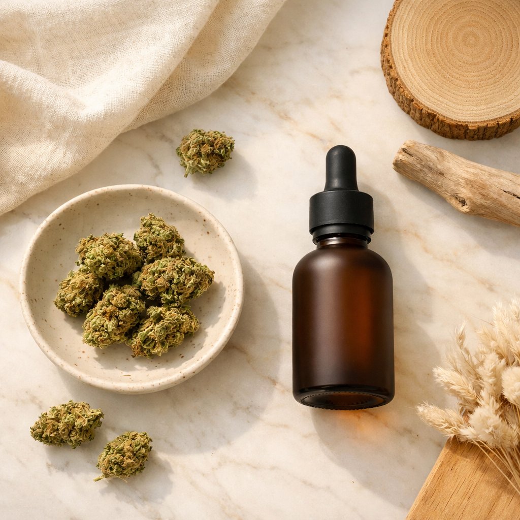 Vue zénithale de fleurs CBD, flacon mat et accessoires naturels