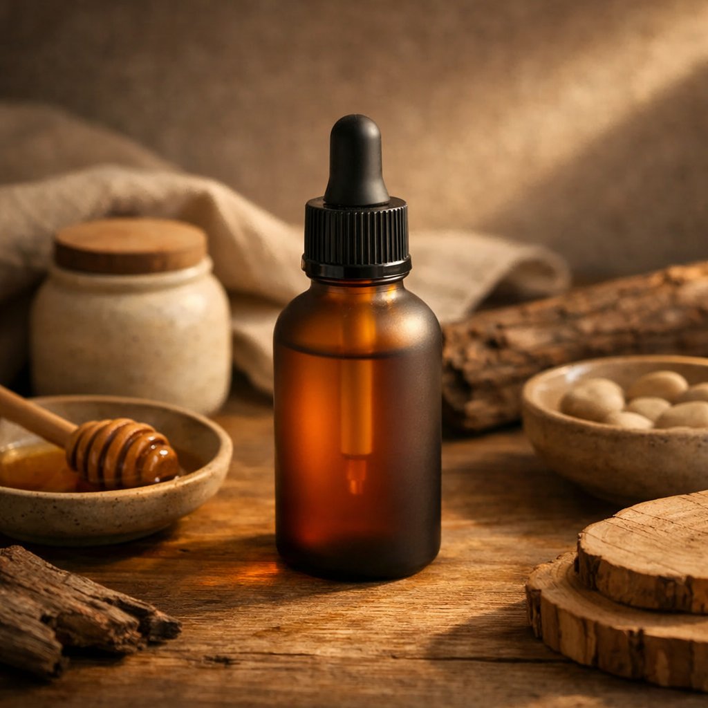 Bouteille d'huile CBD matte avec ambiance naturelle et chaude